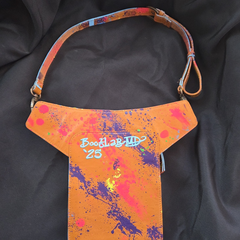 BootLabMD Hand-Painted Neon Splatter Orange Leather Crossbody / Belt Bag - Picture 3 of 6